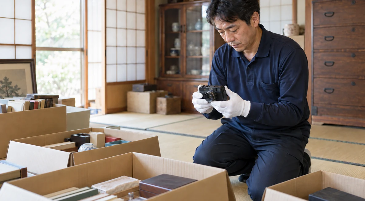 和室で遺品を一点ずつ確認する相場屋のスタッフ